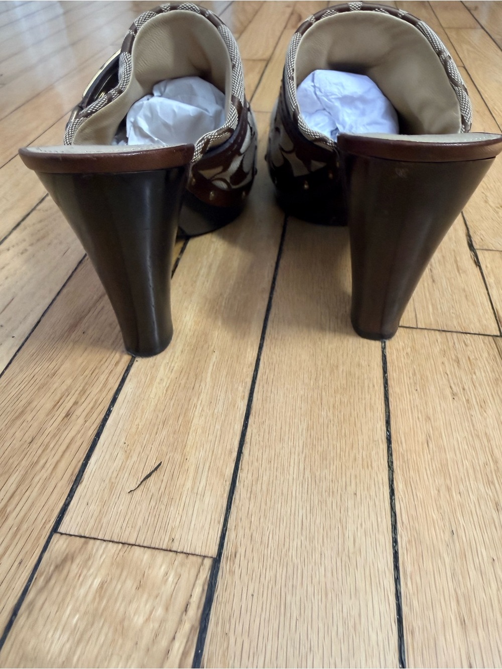 COACH Women's Signature Canvas Clog Mule - Brown wooden heel - Picture 3 of 4